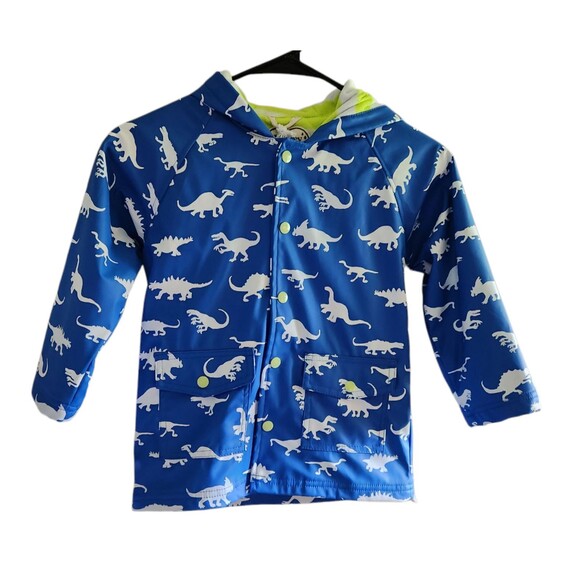 Hatley Rain Coat Color Changing Blue w/Dinosaurs Lined Snap Closure Kids Size 5